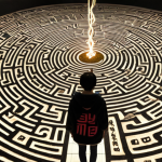 A Polish student, initially overwhelmed, standing in a fantastical labyrinth woven from intricate Korean characters and grammatical particles, symbolizing the agglutinative morphology. The path forward glows towards an open "magic book" revealing simplified, understandable Korean structures, indicating a moment of profound understanding and breakthrough. Subtle architectural elements reminiscent of historic Polish cities are in the background. The mood is one of discovery and intellectual journey.