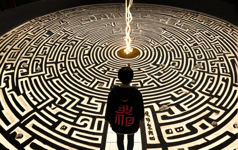 A Polish student, initially overwhelmed, standing in a fantastical labyrinth woven from intricate Korean characters and grammatical particles, symbolizing the agglutinative morphology. The path forward glows towards an open "magic book" revealing simplified, understandable Korean structures, indicating a moment of profound understanding and breakthrough. Subtle architectural elements reminiscent of historic Polish cities are in the background. The mood is one of discovery and intellectual journey.