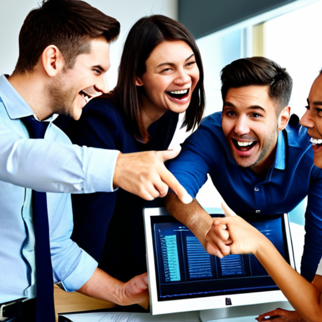 Modern Office Chat**
"A group of young professionals, fully clothed in appropriate business casual attire, gathered around a monitor in a brightly lit, modern office. They are laughing and pointing at the screen, seemingly reacting to a message on a group chat application. The atmosphere is friendly and collaborative. Safe for work, appropriate content, perfect anatomy, correct proportions, natural pose, professional, family-friendly, well-formed hands, proper finger count, natural body proportions, high quality."
**