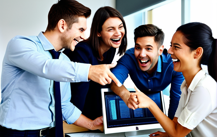 Modern Office Chat**
"A group of young professionals, fully clothed in appropriate business casual attire, gathered around a monitor in a brightly lit, modern office. They are laughing and pointing at the screen, seemingly reacting to a message on a group chat application. The atmosphere is friendly and collaborative. Safe for work, appropriate content, perfect anatomy, correct proportions, natural pose, professional, family-friendly, well-formed hands, proper finger count, natural body proportions, high quality."
**