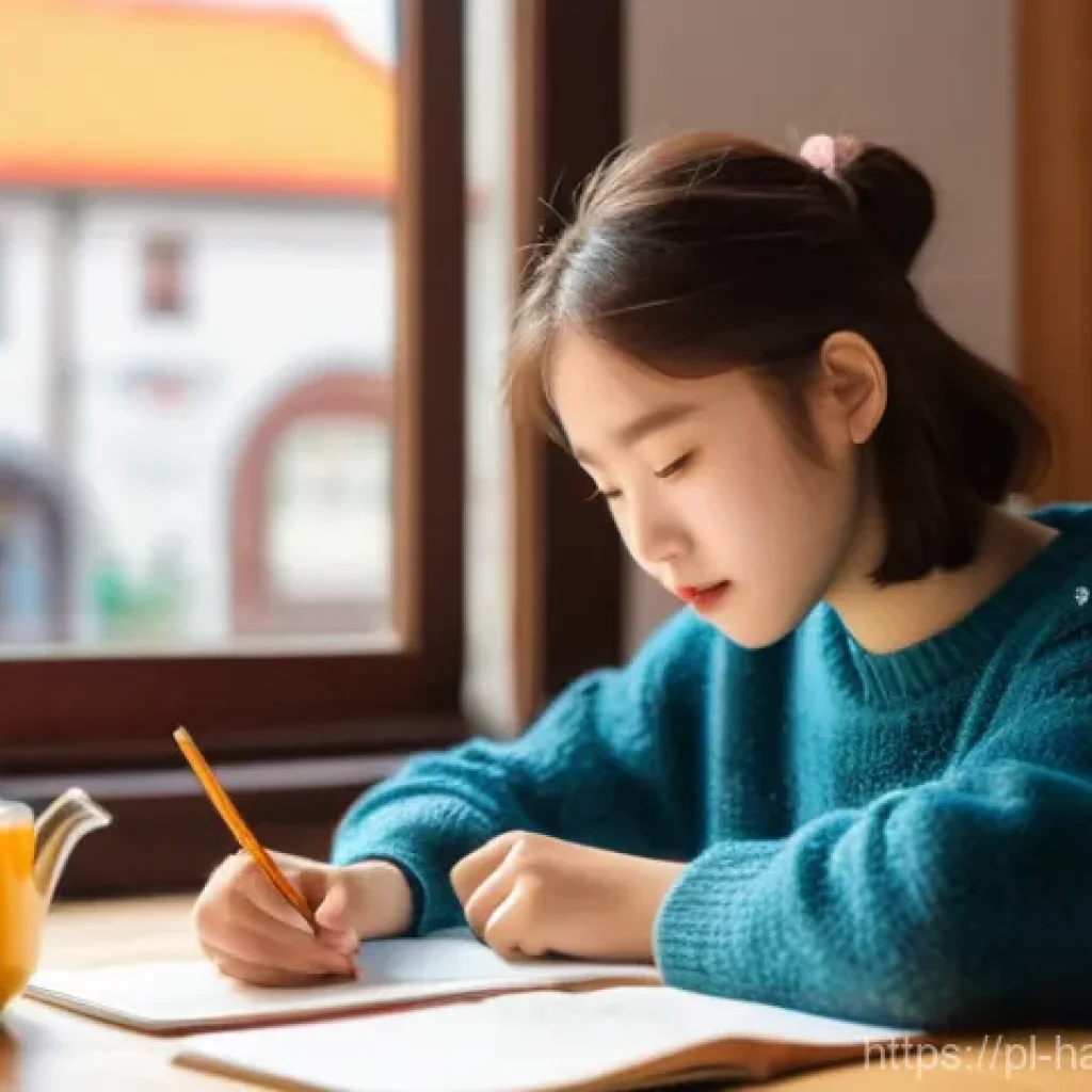 한글 문법 기초 - A bright and airy illustration of a young Polish student, about 16 years old, with shoulder-length b...