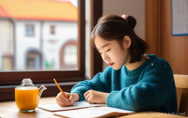 한글 문법 기초 - A bright and airy illustration of a young Polish student, about 16 years old, with shoulder-length b...