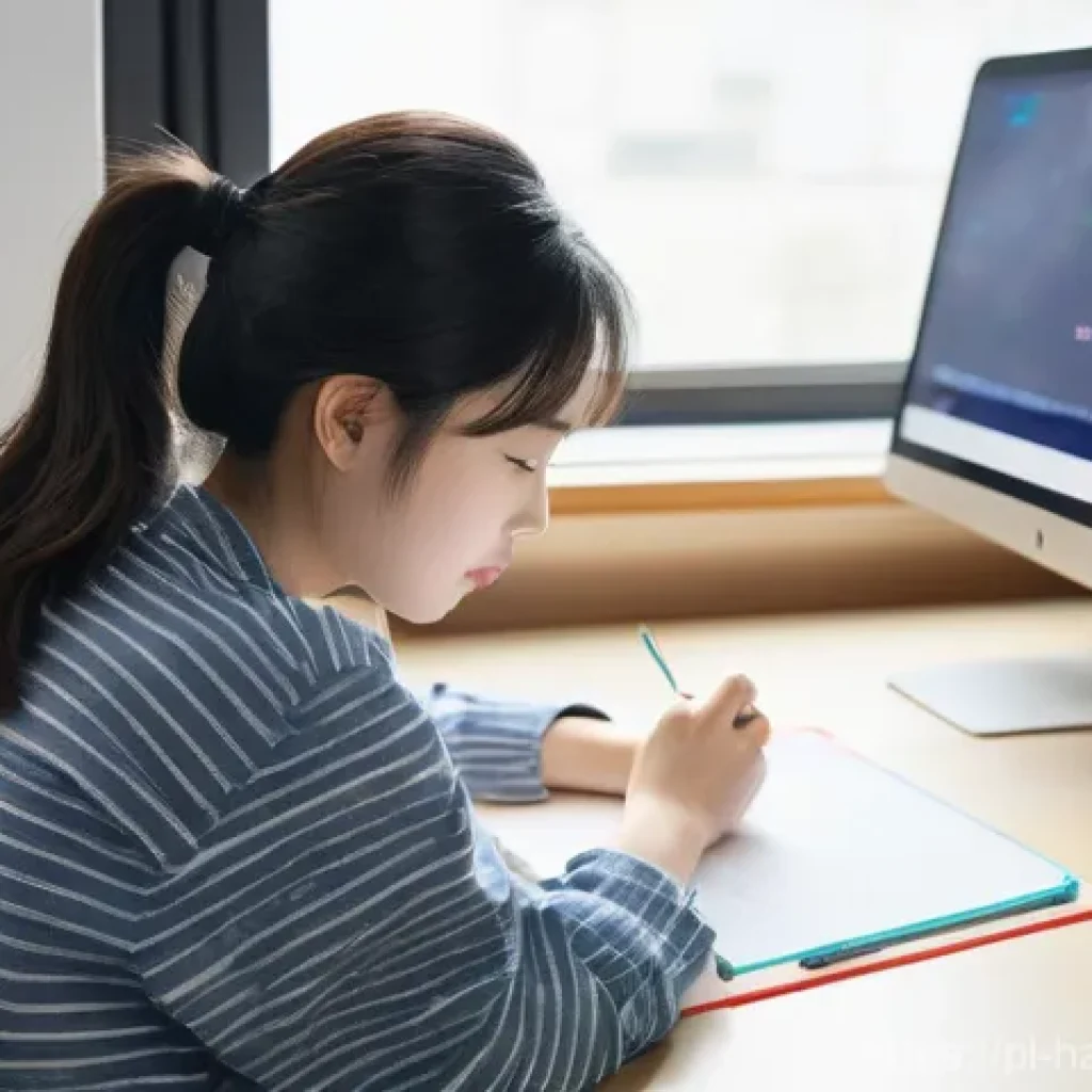 한글을 쉽게 배우는 비법 - **Prompt:** A bright, clean, and organized study desk setup. A young adult, perhaps a woman in her e...