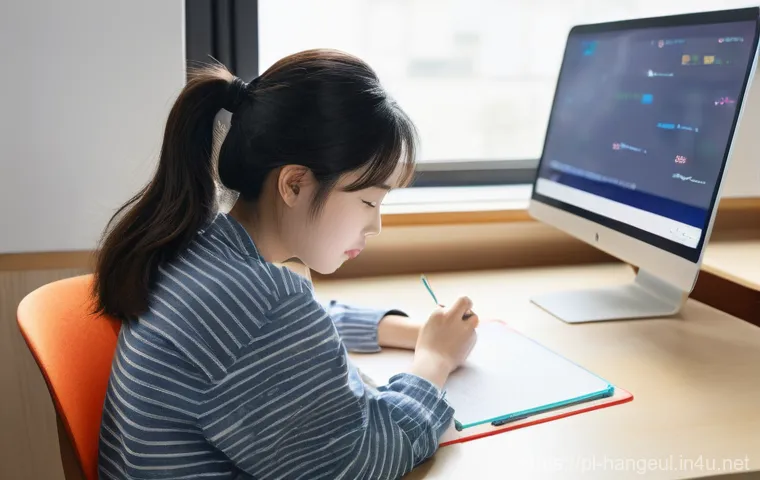 한글을 쉽게 배우는 비법 - **Prompt:** A bright, clean, and organized study desk setup. A young adult, perhaps a woman in her e...