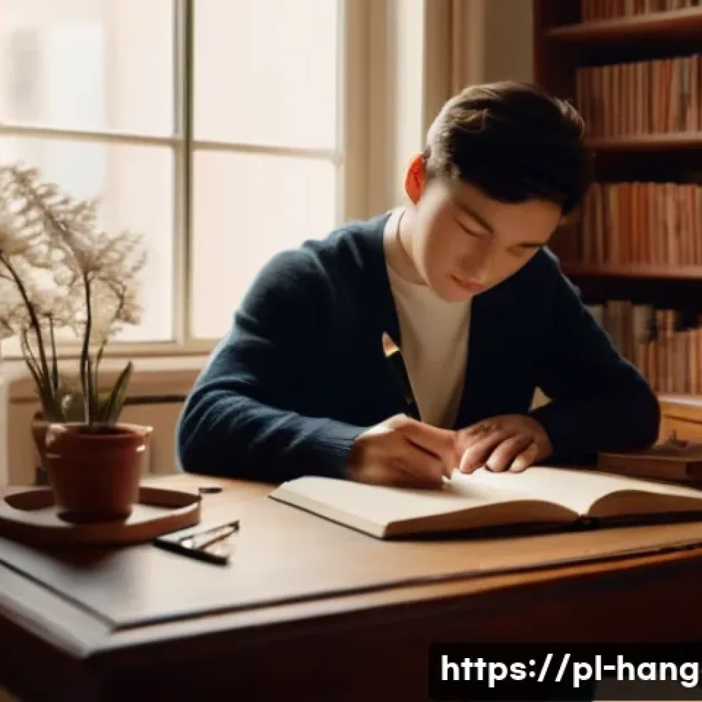 한글 필기체 종류 - A cozy study room scene featuring a young adult practicing classical cursive handwriting with a foun...