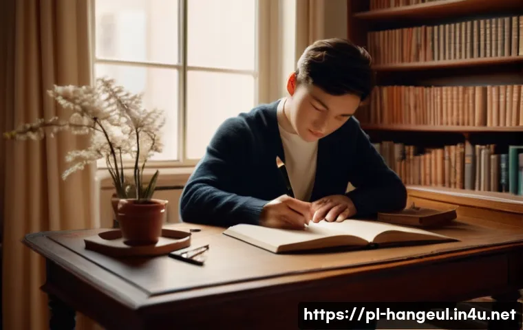 한글 필기체 종류 - A cozy study room scene featuring a young adult practicing classical cursive handwriting with a foun...