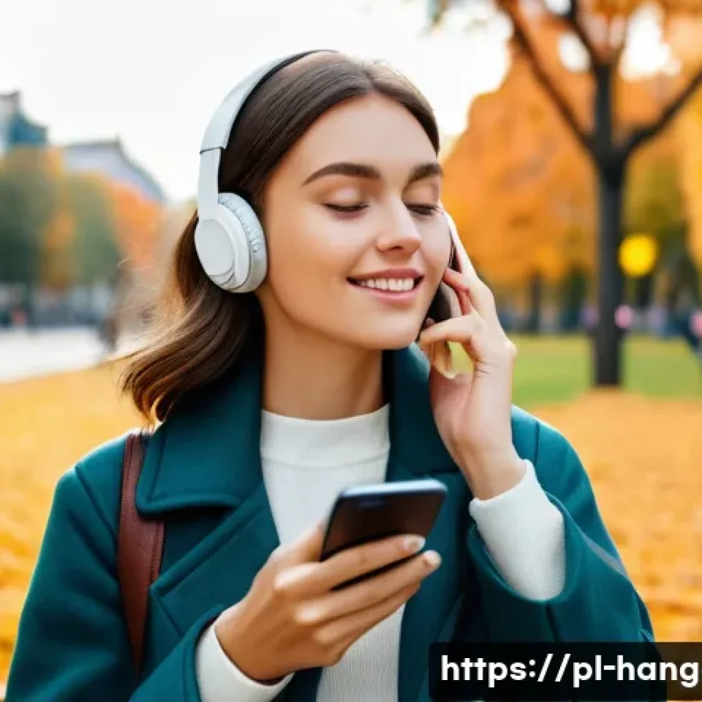 한글과 출판 시장 변화 - A modern young adult woman listening to an audiobook on wireless headphones while walking through a ...