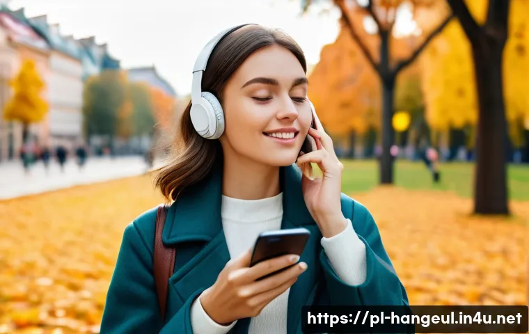 한글과 출판 시장 변화 - A modern young adult woman listening to an audiobook on wireless headphones while walking through a ...