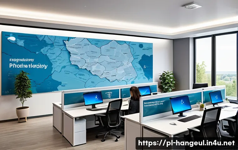 한글과 IT 기술 접목 사례 - A modern office environment in Poland showcasing a diverse team of professionals collaborating over ...