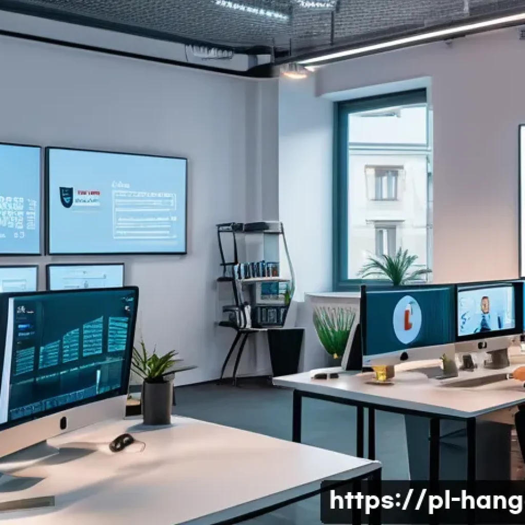 한글과 머신러닝 - A modern office scene in Warsaw featuring a diverse team of Polish AI researchers collaborating on n...