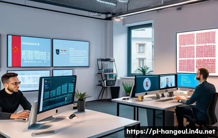 한글과 머신러닝 - A modern office scene in Warsaw featuring a diverse team of Polish AI researchers collaborating on n...