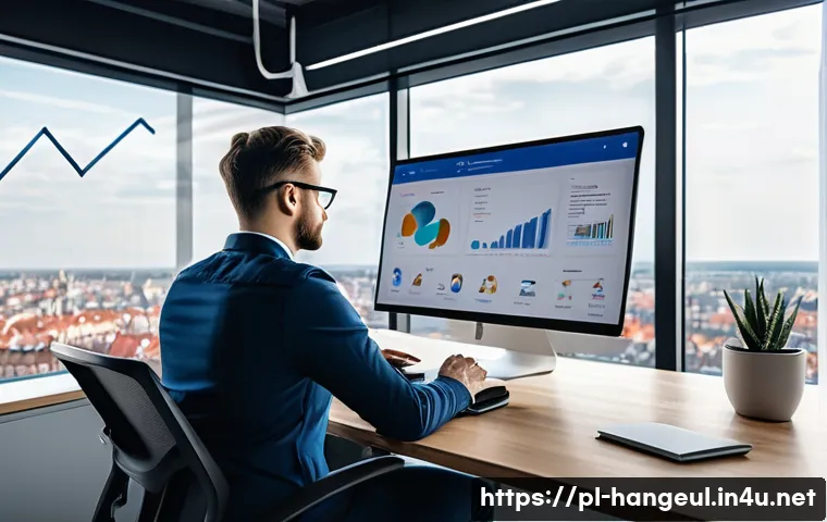 한글과 온라인 광고 - A professional digital marketing workspace focused on Polish market localization: a modern office wi...