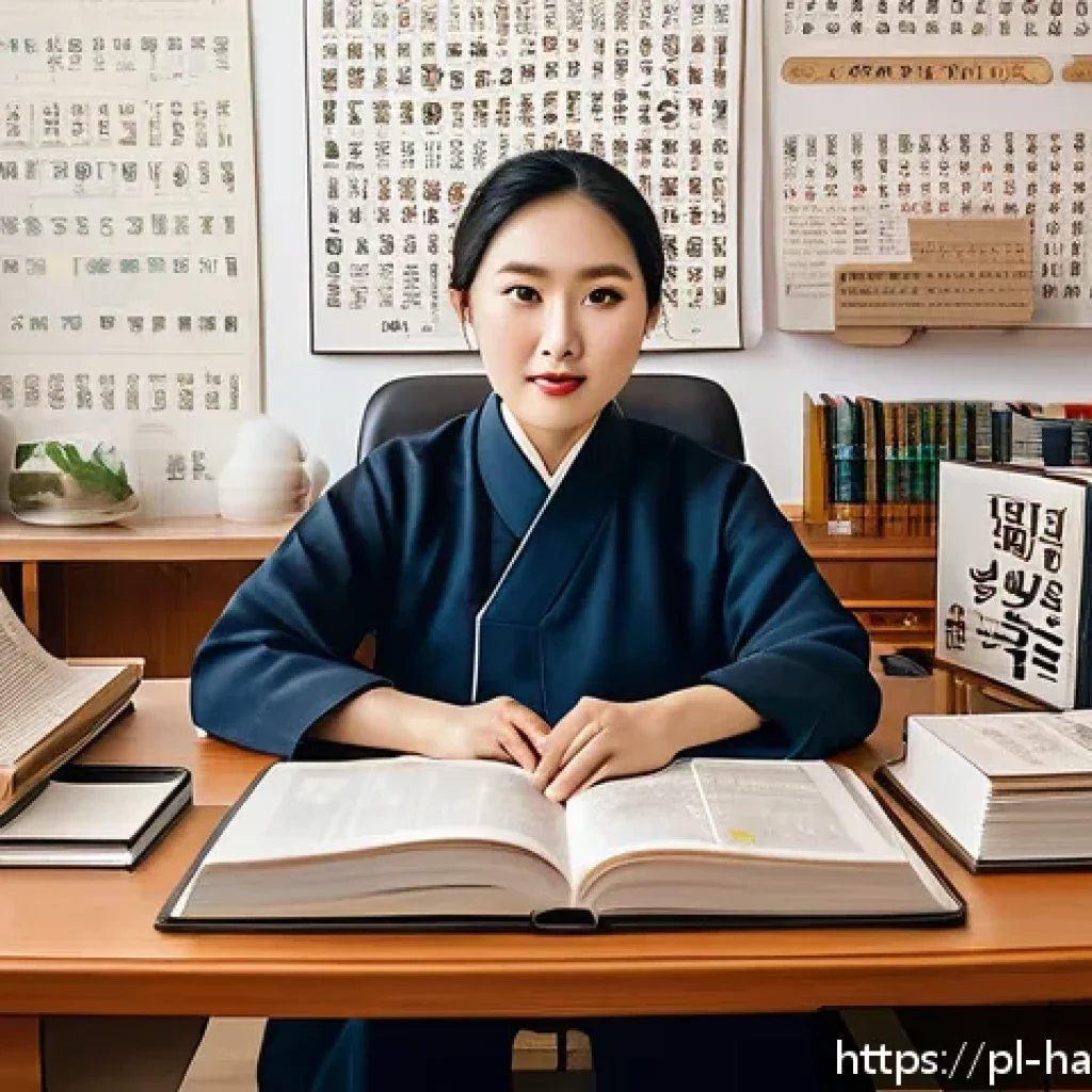 한글과 번역학 - A professional Korean-Polish translator sitting at a modern desk surrounded by bilingual dictionarie...