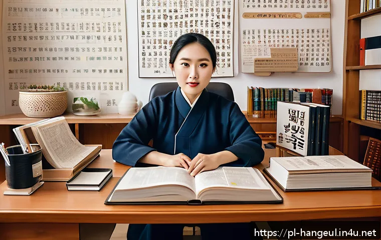 한글과 번역학 - A professional Korean-Polish translator sitting at a modern desk surrounded by bilingual dictionarie...