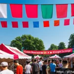 한글과 다문화 사회 - A vibrant cultural festival scene in a Polish city park, featuring diverse groups of people includin...