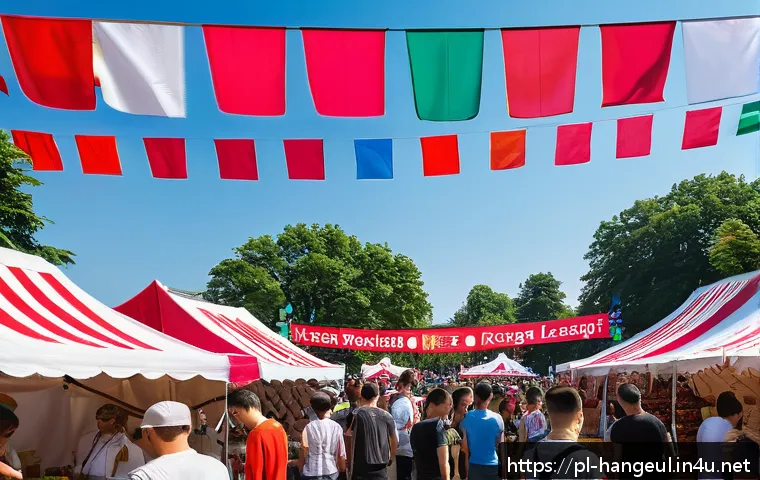 한글과 다문화 사회 - A vibrant cultural festival scene in a Polish city park, featuring diverse groups of people includin...