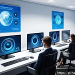 한글과 정보 보호 기술 - A modern corporate office environment showcasing advanced biometric security systems in use: a diver...