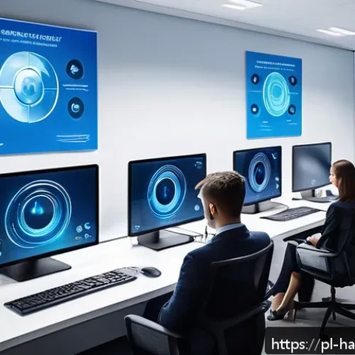 한글과 정보 보호 기술 - A modern corporate office environment showcasing advanced biometric security systems in use: a diver...