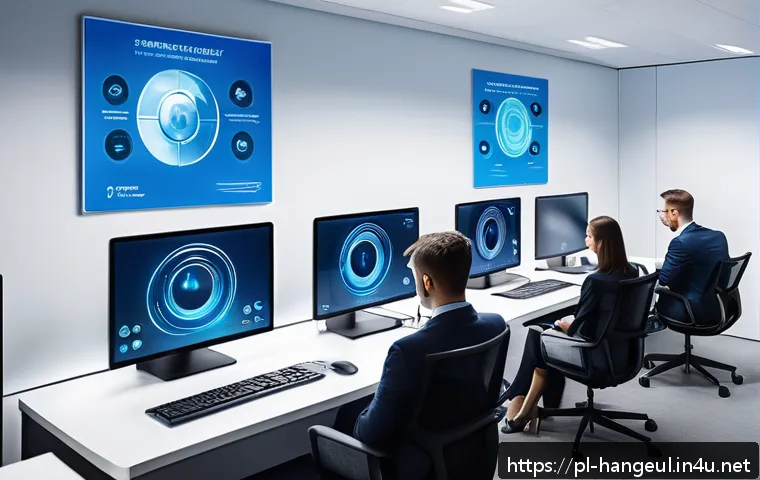 한글과 정보 보호 기술 - A modern corporate office environment showcasing advanced biometric security systems in use: a diver...