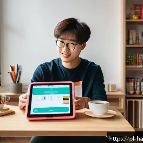 한글 학습 앱 추천 - A modern, cozy workspace featuring a young Polish adult sitting at a desk with a smartphone and tabl...