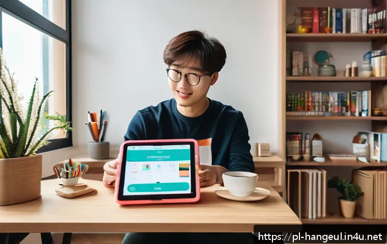 한글 학습 앱 추천 - A modern, cozy workspace featuring a young Polish adult sitting at a desk with a smartphone and tabl...