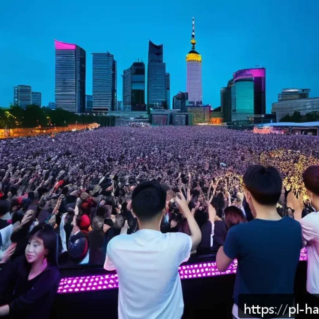 한글 노래의 발음 특성 - A vibrant K-pop concert scene in Warsaw, Poland, featuring a diverse crowd of enthusiastic young fan...