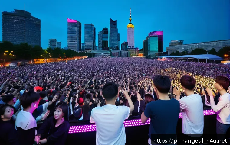 한글 노래의 발음 특성 - A vibrant K-pop concert scene in Warsaw, Poland, featuring a diverse crowd of enthusiastic young fan...