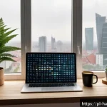 무료 한글 폰트 다운로드 - A modern graphic design workspace featuring a sleek computer screen displaying a vibrant web layout ...
