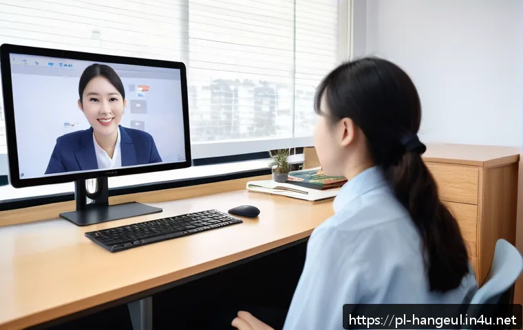 한글과 외국인의 발음 오류 - A detailed classroom scene showing a Polish adult language learner practicing Korean pronunciation w...