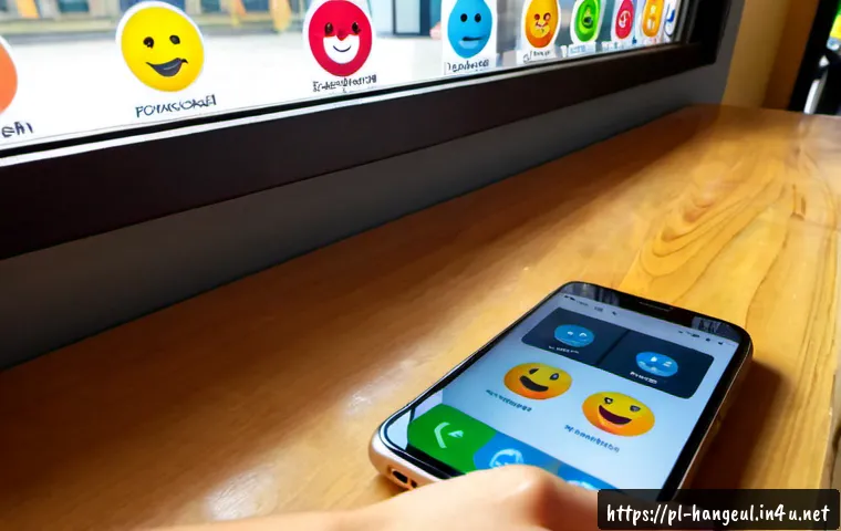 Home 17 한글을 활용한 이모티콘 - Photorealistic close-up of a smartphone on a tidy wooden café table in Warsaw, screen displaying a c...
