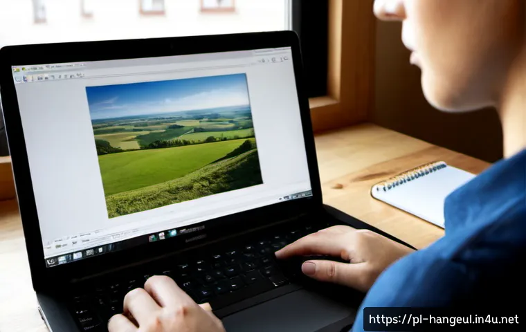 한글 문서 이미지 삽입 - Photorealistic over-the-shoulder view of a Polish office worker inserting a landscape photo into a b...