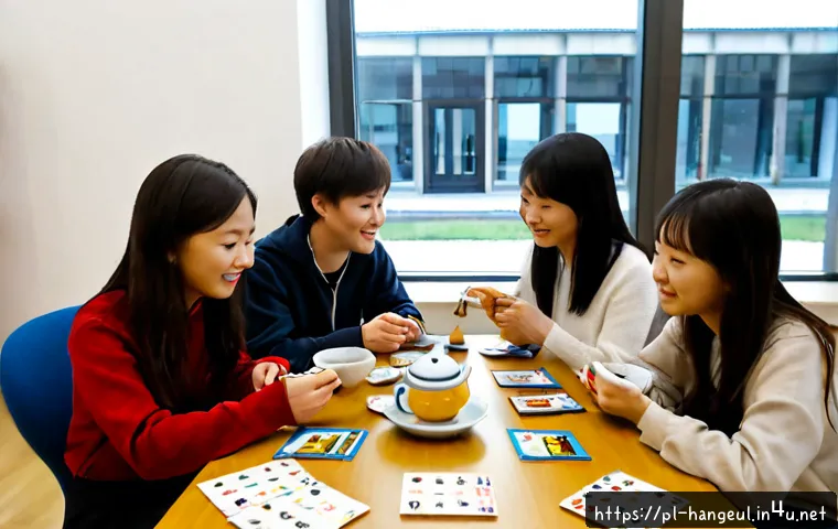 한글과 국제 교류 협력 - Photorealistic international cultural exchange workshop in a bright modern library in Warsaw, Polish...