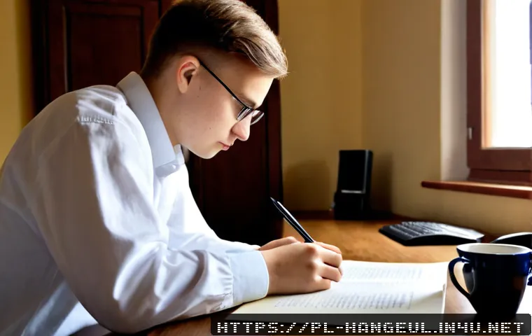 Home 17 한글을 활용한 논문 작성 - Photorealistic university student in Poland writing an academic thesis on a desktop computer, Polish...